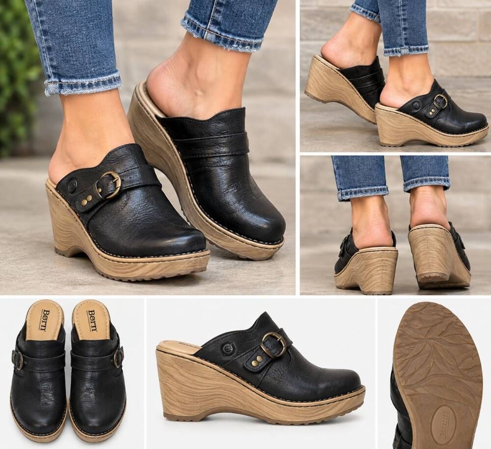 Born Nola Black Leather Wedge Clogs Women's 8M 3" Heel Platform Buckle Mules